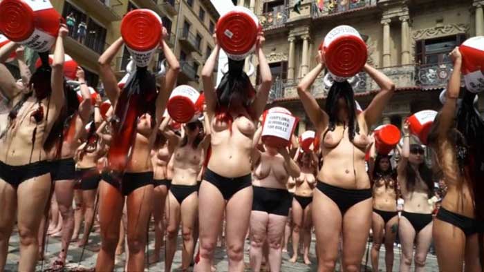 Naked protest against the Running of the Bulls